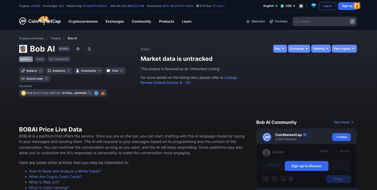 🚀 MAJOR ANNOUNCEMENT!

#BOBAI has successfully landed on #CMC, thanks to <a href="/CoinMarketCap/">CoinMarketCap</a> for the listing. But hold tight, because this is just the beginning!

🌟Fairsale is set to launch tomorrow on <a href="/pinkecosystem/">PinkSale (Pink Ecosystem)</a>.

🛍 Join this  journey to potential gains! 

$BOBAI $BOB #AI #BSC