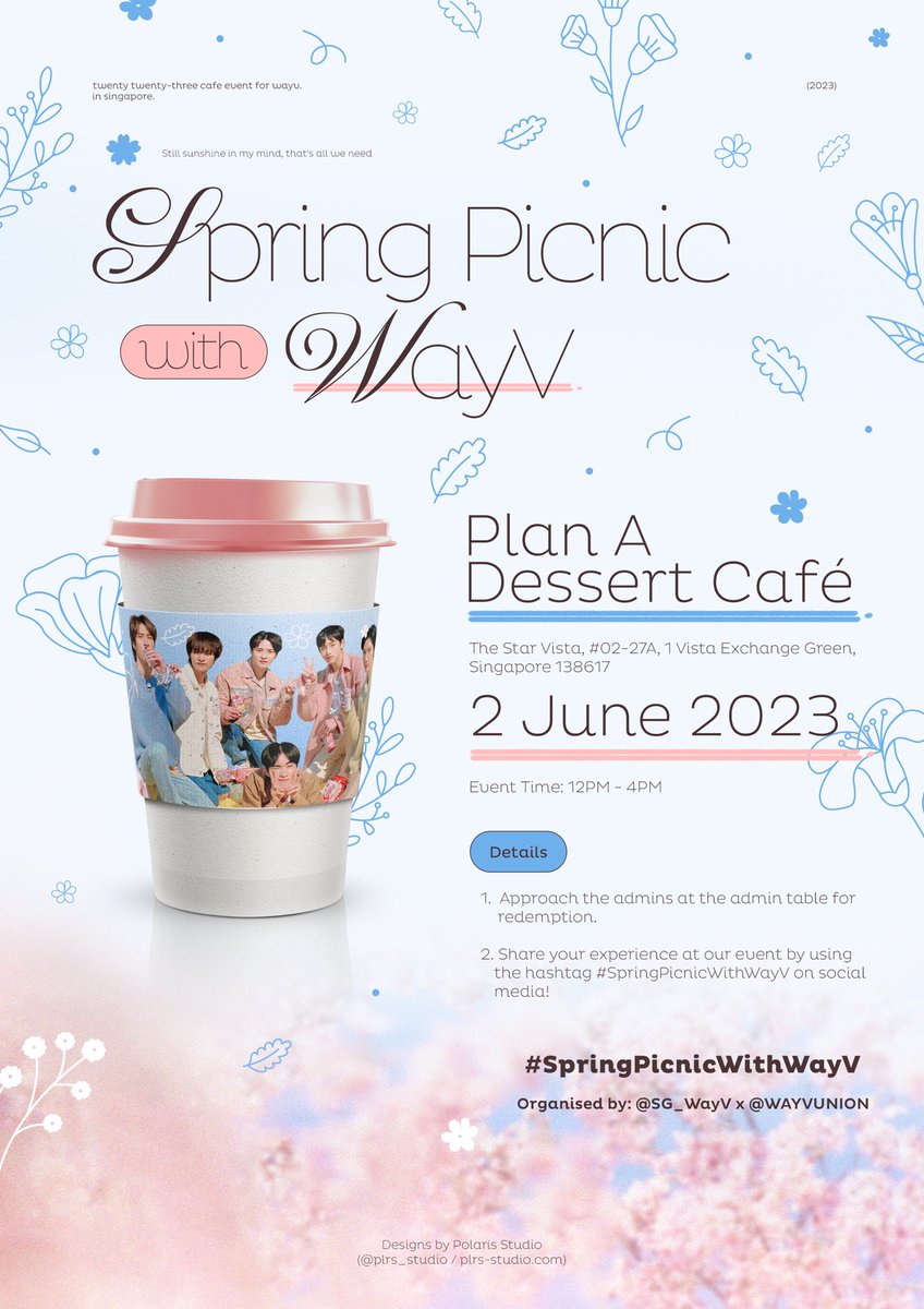 SG_WayV's tweet photo. Singapore Fanproject by @SG_WayV x @WAYVUNION for #WayV_Phantom_in_SINGAPORE
Project #1: Fancafe Event
#SpringPicnicwithWayV 🌸🌼
When: 2 June 2023, 12-4pm
Where: Plan A Dessert Cafe, Star Vista
Come pre-party with us before the fanmeeting! Details below ⬇️
#MAJULAHwithWAYV https://t.co/5oc2oUGo2d