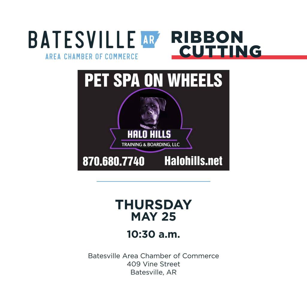 The Batesville Area Chamber of Commerce will hold a ribbon-cutting for Halo Hill mobile pet spa. The ceremony will occur on Thursday, May 25, at 10:30 a.m. at the Chamber, at 409 Vine Street in Batesville.

Halo Hills, a certified training and boarding s… instagr.am/p/CsjEkSdvpks/