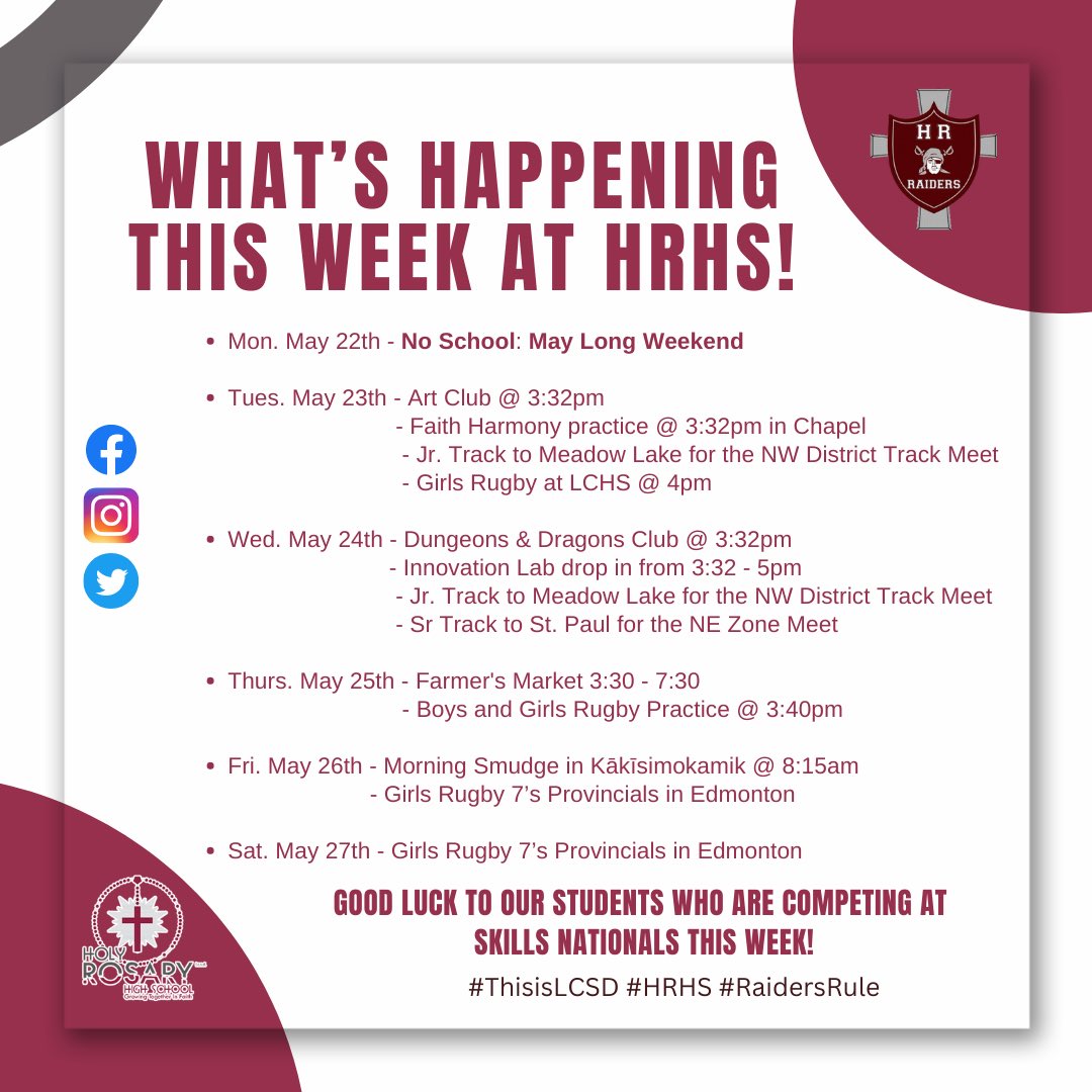 Happy May Long Monday! Just a reminder there is no school today.

Good luck to our students who will be heading to Winnipeg this week for Skills Nationals, we are cheering for you all!👏🏼
Have a wonderful day and see you tomorrow.
#HRHS #yll #raidersrule