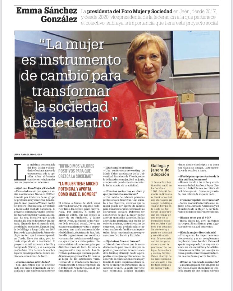 El último encuentro del Foro de Jaén fue todo un éxito y así se ha hecho eco el 🗞️📰Diario Jaén, nuestro agradecimiento por hacer de altavoz 🔊 en esta entrevista brillante de nuestra presidenta de @foromujerysociedadjaen, Emma Sánchez.