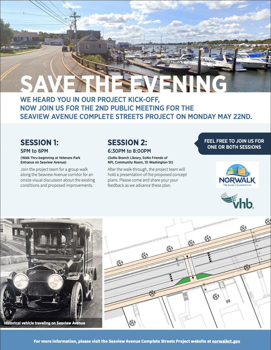 Norwalk_CT's tweet photo. Join us tonight! The City will host our second Public Information Meeting regarding the Seaview Avenue Complete Streets project from 5-8 pm. The Transporation, Mobility and Parking project team will present proposed concepts based on previous public recommendations.#SeaviewAvenue https://t.co/CxjSWfTvzc