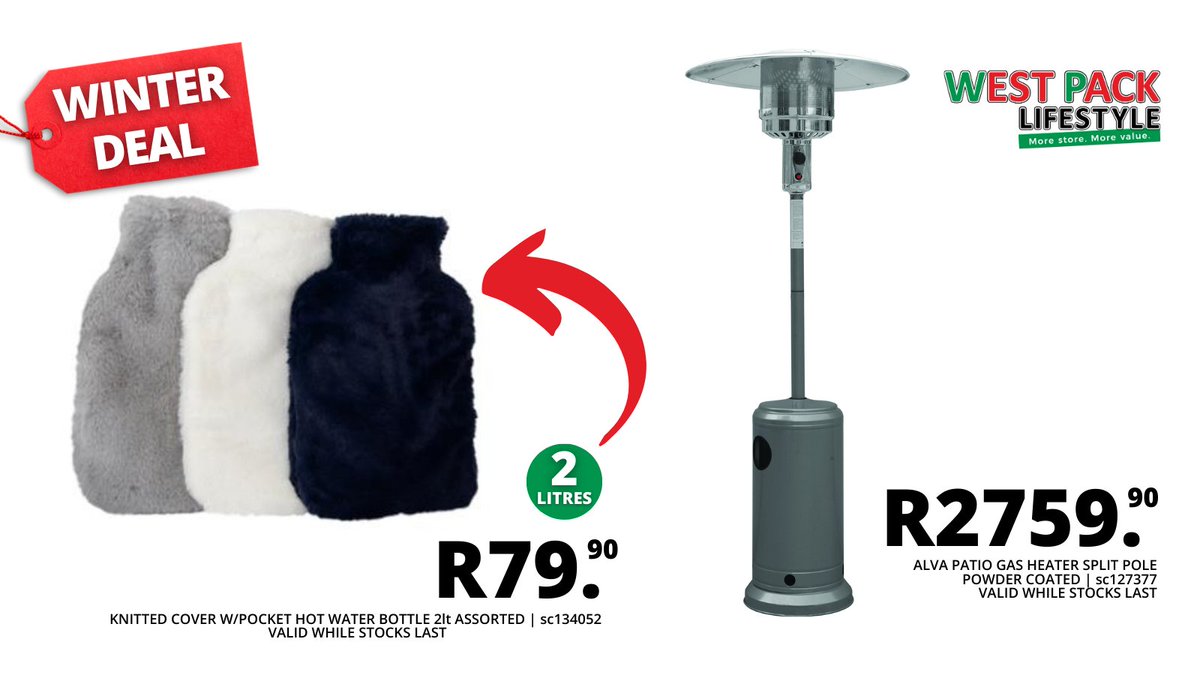westpackstores's tweet image. Chill out with our unbeatable #WinterDeals from #WestPackLifestyle❤️💚 
 
From cozy hot water bottles to commercial heaters, we've got you covered this #Winter.❄️

Remember to Download our App for a chance to win R2-million in Prizes  westpacklifestyle.co.za