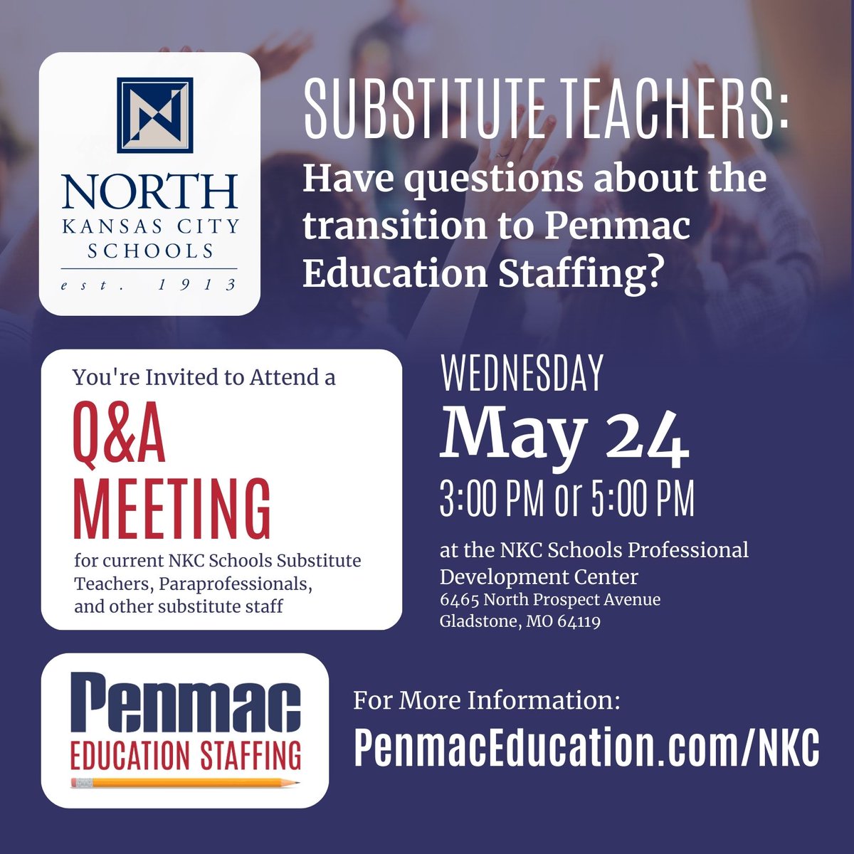 NKC Schools (@nkcschools) on Twitter photo Calling all NKC Schools substitute staff members! Curious about the transition to Penmac Education Staffing? Join us at the NKC Schools Professional Development Center on Wed., May 24, for two Q&A meetings: 3 p.m. or 5 p.m. More info: penmaceducation.com/nkc/ Calling all NKC Schools substitute staff members! Curious about the transition to Penmac Education Staffing? Join us at the NKC Schools Professional Development Center on Wed., May 24, for two Q&A meetings: 3 p.m. or 5 p.m. More info: penmaceducation.com/nkc/