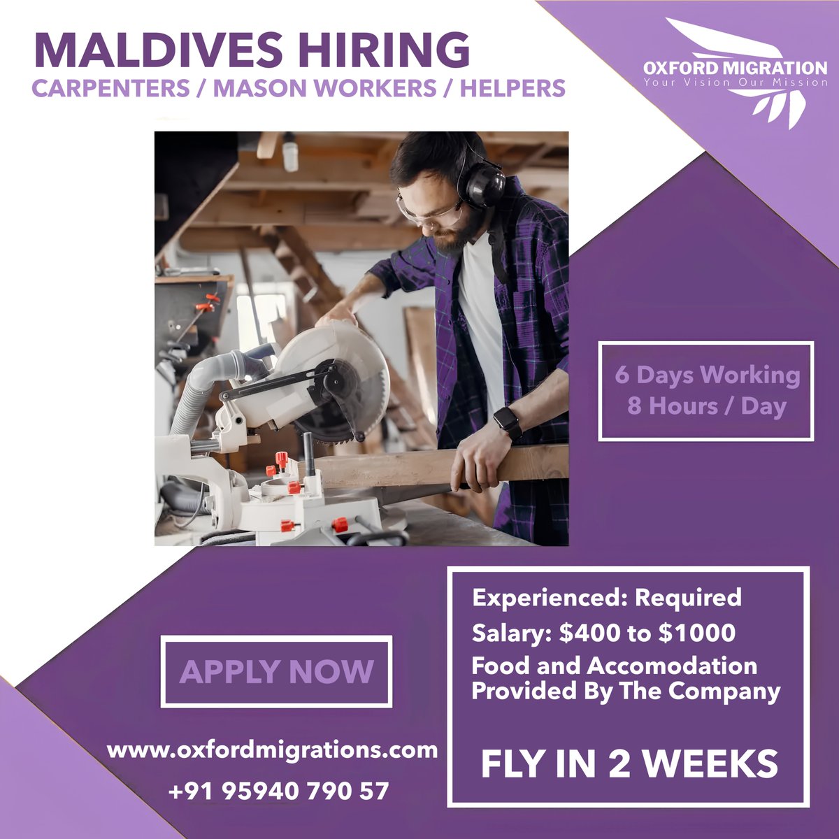 MALDIVES HIRING !!!
Carpenter | Mason Workers | Helpers.
Salary : 400 $ To 1000 $.
Food Accommodation by the company.
FLY IN 2 WEEKS.

#maldivesworkvisa #maldivesworkpermit #maldiveswork #maldivesimmigration #maldivesjobs #maldiveshiring #maldives #immigration #workpermit