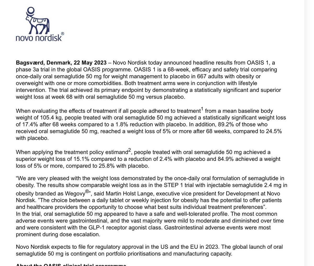 Another GLP-1 win #obesity with more options coming. Oral semaglutide posts &gt;17% #weightloss 15.1% placebo subtracted in OASIS-1 novonordisk.com/news-and-media…