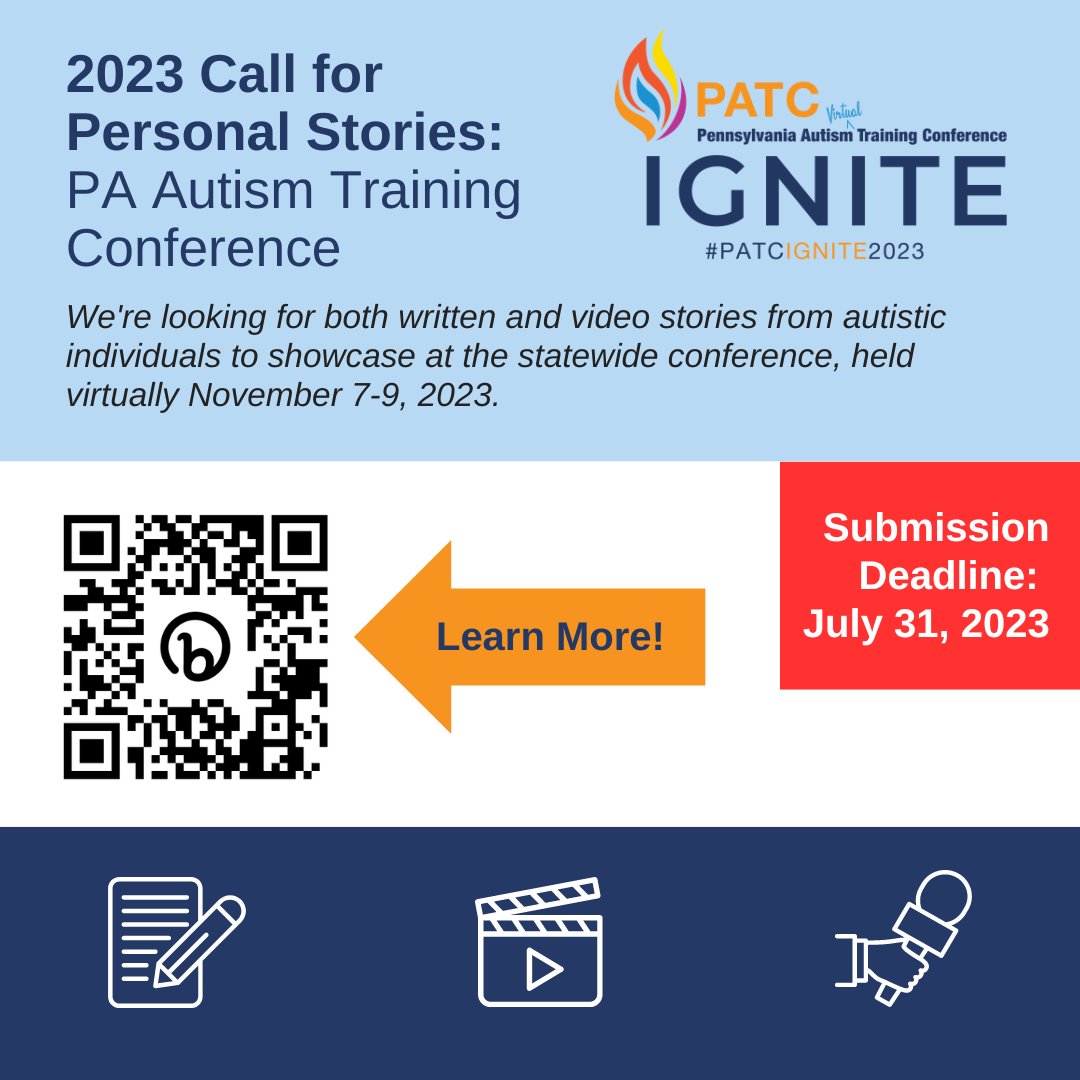 📣 Calling all autistic self-advocates! Showcase your story at the 2023 PA Autism Training Conference (#PATC)!  #PATCIGNITE2023 

Looking for written 📝 & video 🎥 stories to share at the statewide conference, held virtually Nov. 7-9. 

Learn more 👉 bit.ly/3GQrQu0