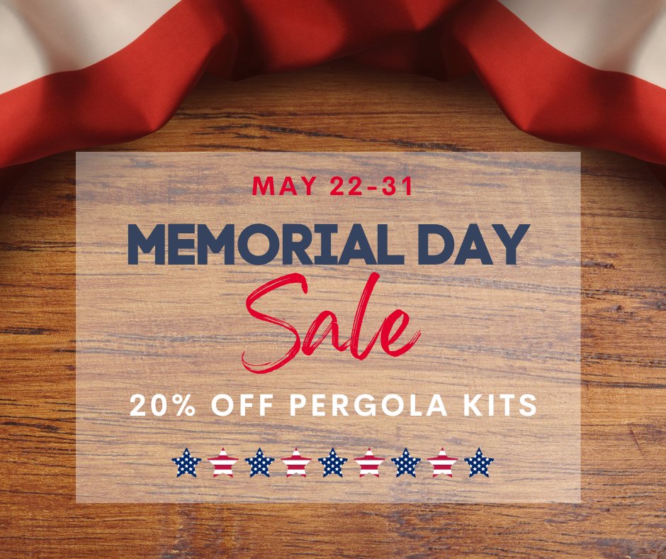Pergoladepot's tweet photo. Kick off summer with a new pergola &amp; save during our Memorial Day Sale! All popular styles on sale, including our brand-new Big Kahuna PLUS covered pergola kit. Contact us for help finding the size and style for your space!

https://t.co/dPZjz7TBEt

#MemorialDay #DIY #pergolas https://t.co/m6knY5IZIE