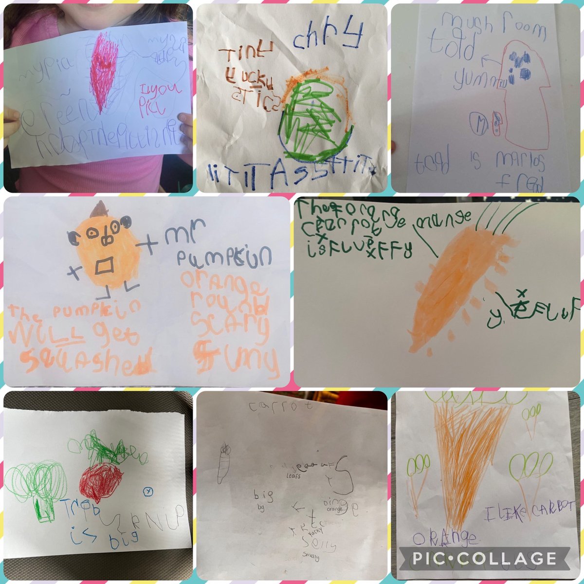 RockinghamEYFS's tweet photo. For home learning last week, children chose a vegetable to draw and describe using adjectives. They then challenged themselves to write a sentence. Impressive! This will support our innovated writing this week. https://t.co/X9ELnFw2I7