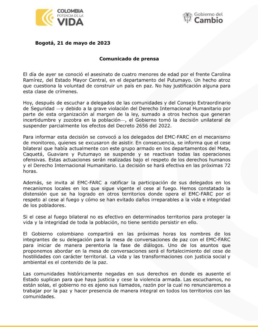 ¡Increíble!😡Con el rompimiento del “cese al fuego”, que nunca existió, las #Farc-EP amenazan con muertos, heridos y prisioneros. Ahhh, pero el Gobierno sigue manteniendo la mesa de diálogo. Acá, al parecer, el único que no entiende que NO HAY VOLUNTAD DE PAZ es @petrogustavo