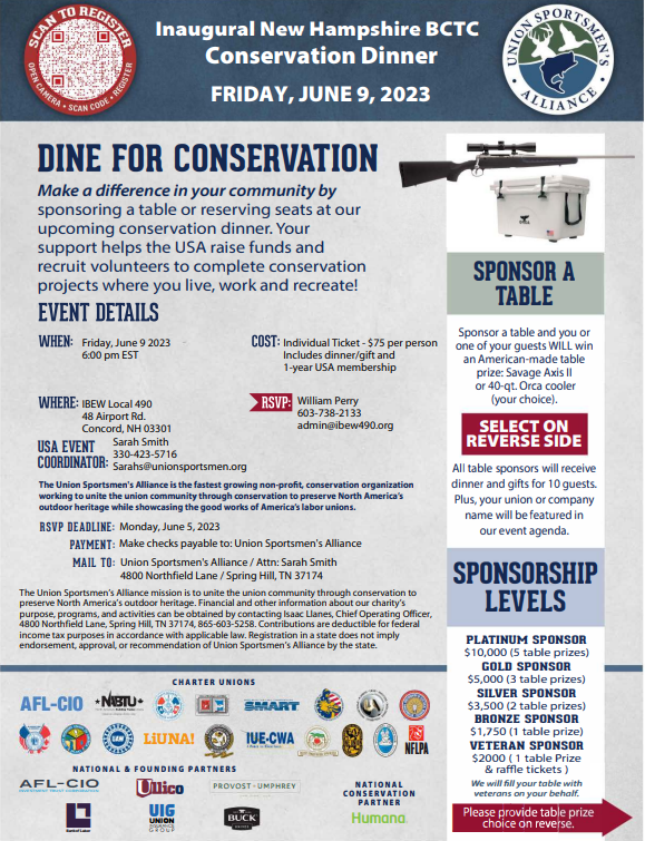 The <a href="/UnionSportsmen/">Union Sportsmen's Alliance</a> is hosting the inaugural New Hampshire BCTC Conservation Dinner on June 9th in Concord. Your attendance will contribute to the promotion of sustainable environments and showcase the vital role of labor unions. bit.ly/3oqrrZe