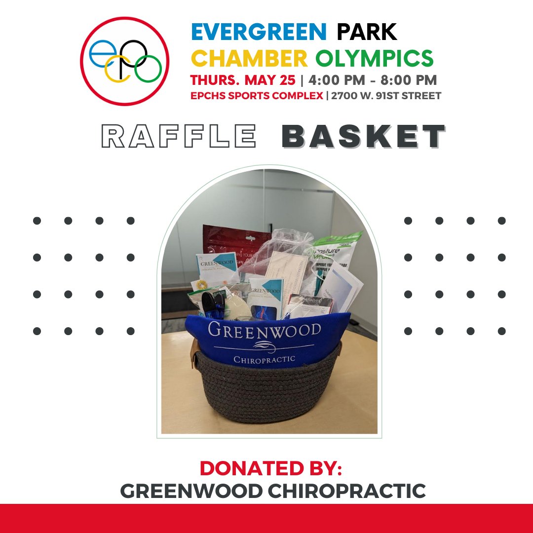 The Evergreen Park Chamber Olympics is this Thursday! Join us from 4 - 8 p.m. to play games, meet local businesses and enter to win one of several raffle baskets, like this one donated by Greenwood Chiropractic Wellness Center. 

#EvergreenPark #ChamberofCommerce #ChamberOlympics