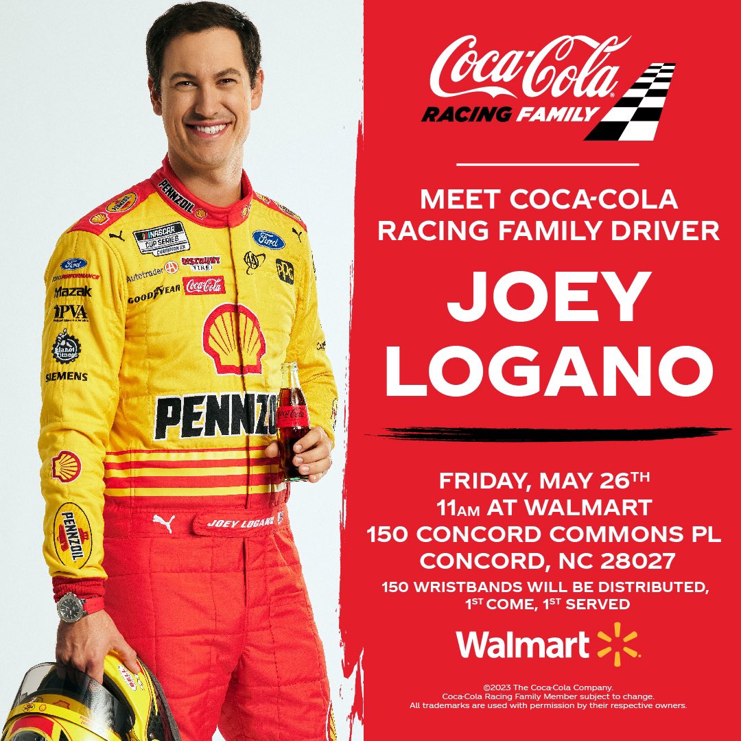 See you on Friday race fans! 

11am ET at Walmart in Concord, NC

📍150 Concord Commons PL Concord, NC 28027 

@CocaColaRacing #CokePartner #CocaCola600