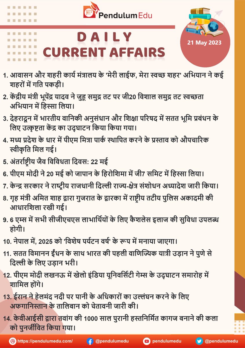 pendulumedu's tweet photo. Current Affairs of 21 and 22 May 2023 in Hindi - https://t.co/omlrA5XeSW
#currentaffairs #news #latestnews #breakingnews #merilife #meraswachhseher #g20megabeachcleaningevent #PMMitra #biologicaldiversityday #nationalcapital #gujarat #Nepal #delhitopune✈️ #kheloindiayouthgames https://t.co/7t4SMG5bHg
