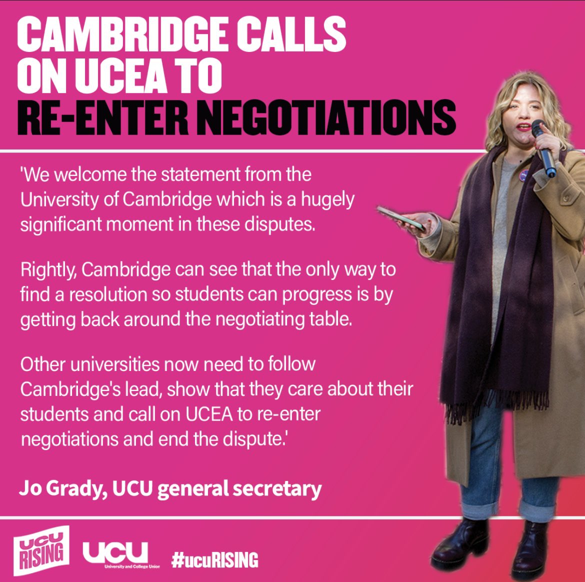 Today, the University of Cambridge called on <a href="/UCEA1/">UCEA</a> to urgently re-enter negotiations

It is now vital other universities make the same demand
 
Settle the dispute or be responsible for a national degree scandal
 
<a href="/DrJoGrady/">Jo Grady</a> 👇
 
#ucuRISING