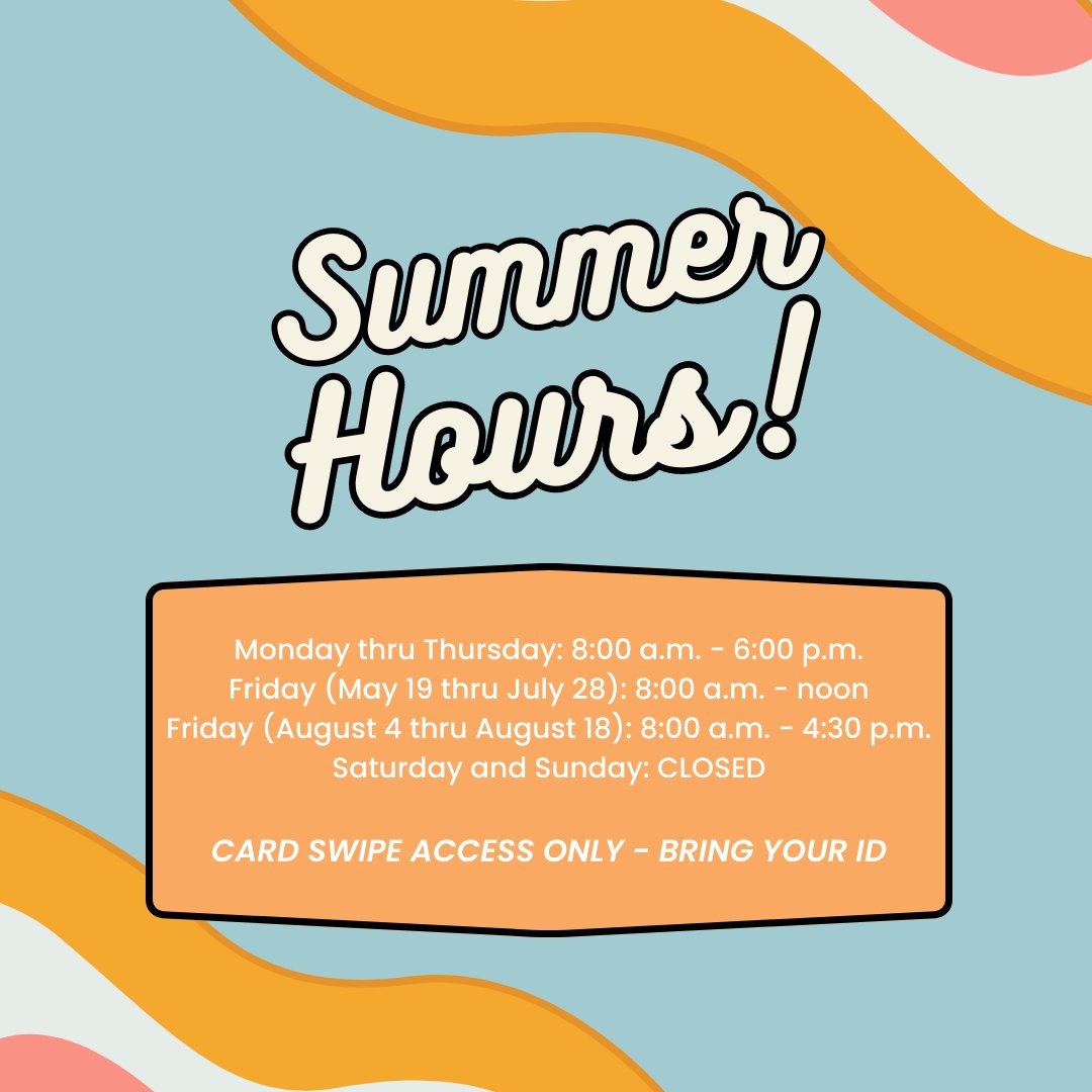 LibraryRU's tweet photo. Summer Hours are here! 

We will be Card Swipe Access only during the Summer, so bring your ID to get in

#ruhawks #rockhurstuniversity #librarysummer #wehaveac #rugreenlease https://t.co/8wGKQnjUJF
