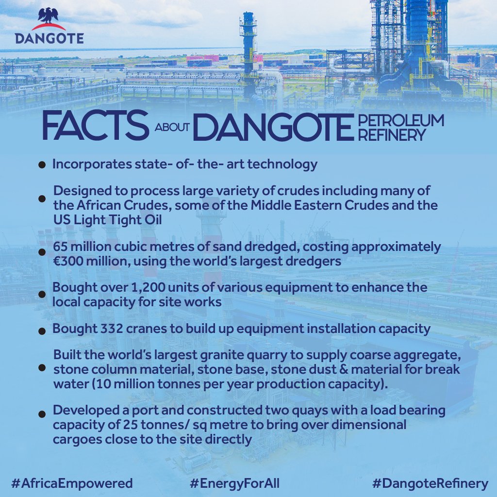 umarzubyr's tweet photo. 🎖️Dangote Refinery is about 6 times the size of Victoria Island, which is equivalent to 6000 standard football pitches.

🎖️Refinery is powered by a 435MW Power Plant. Equivalent to the power requirements of Oyo, Ogun, Osun, Kwara and Ekiti combined. https://t.co/eUHbFBKlwI