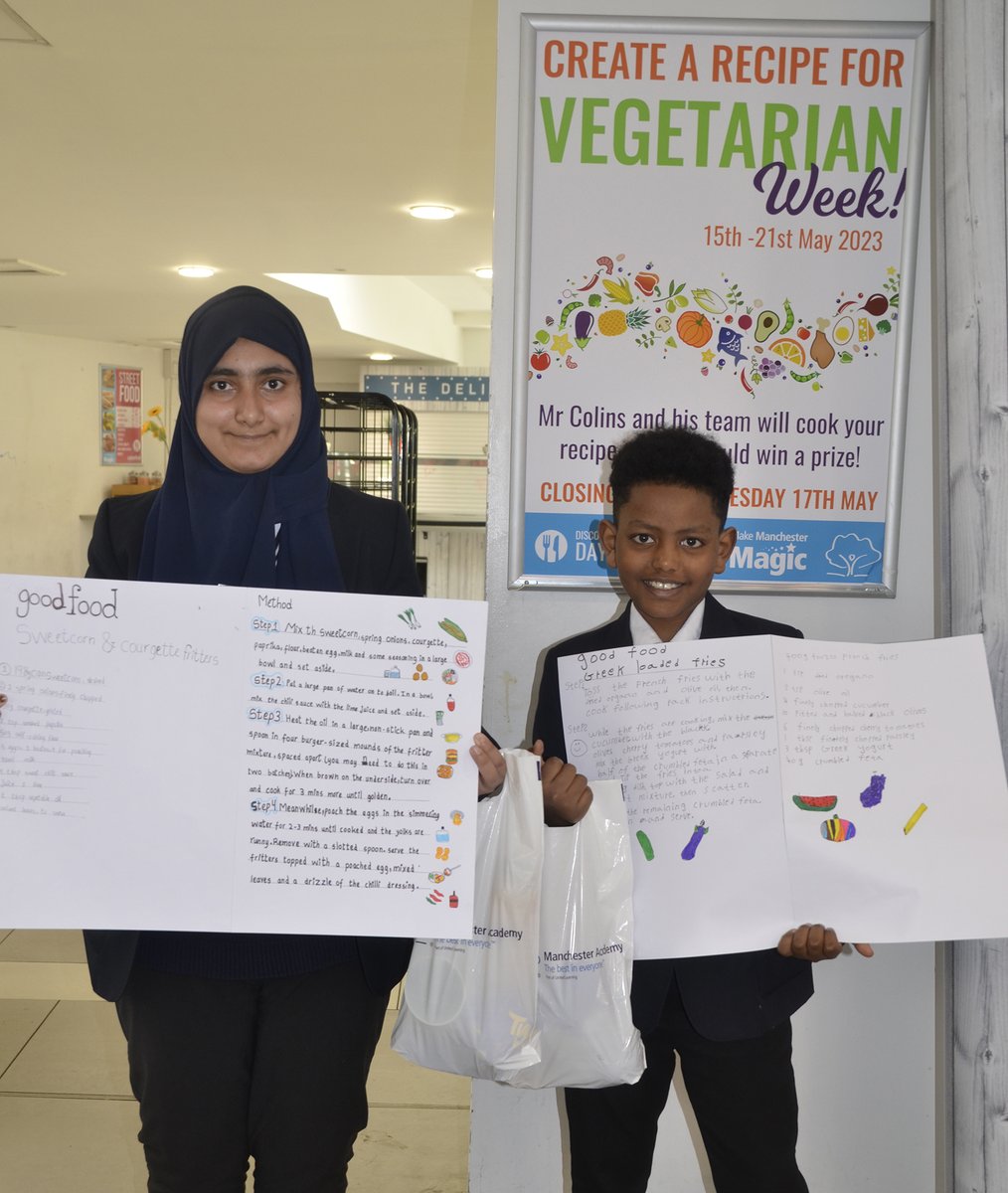 McrAcademy's tweet photo. Congrats to the winners of our Create a Vegetarian Recipe competition!  Our first prize winner is Eman for her sweetcorn &amp; courgette fritter, which will be made by our canteen team on Wednesday. Kaleab was runner-up with his Greek loaded fries dish, fantastic effort! @ColinPort1 https://t.co/a5XQHYzlxL