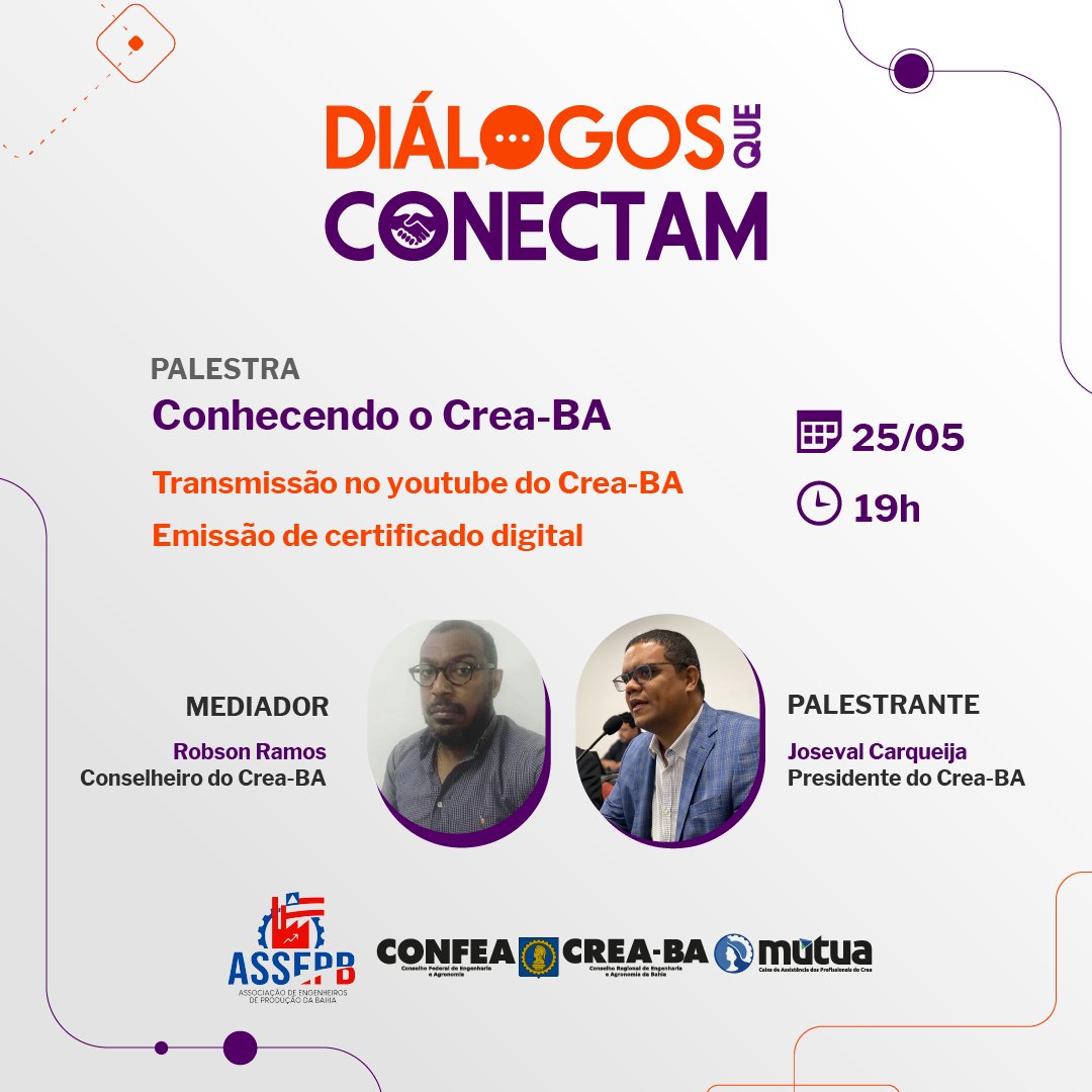 CreaBahia's tweet photo. A segunda edição do Diálogos que Conectam de 2023 será realizada no próximo dia 25 de maio, às 19 horas, no canal do Crea-BA no youtube.
Participe, o evento disponibilizará certificados digitais. 📲
#dialogos #engenharia #produção #creaba https://t.co/bAcXd0k29U