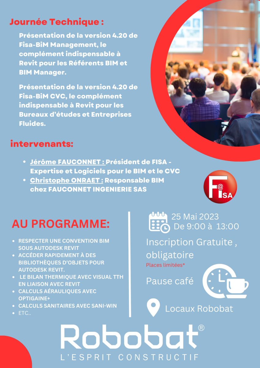 Fisa_News's tweet photo. L'équipe FISA à votre rencontre au Maroc !
Nous serons chez notre partenaire Robobat jeudi 25 mai pour une matinée technique autour du BIM et du CVC. N'oubliez pas de vous inscrire !
👉 https://t.co/93JATyfPDB https://t.co/pkL3cJoJoS