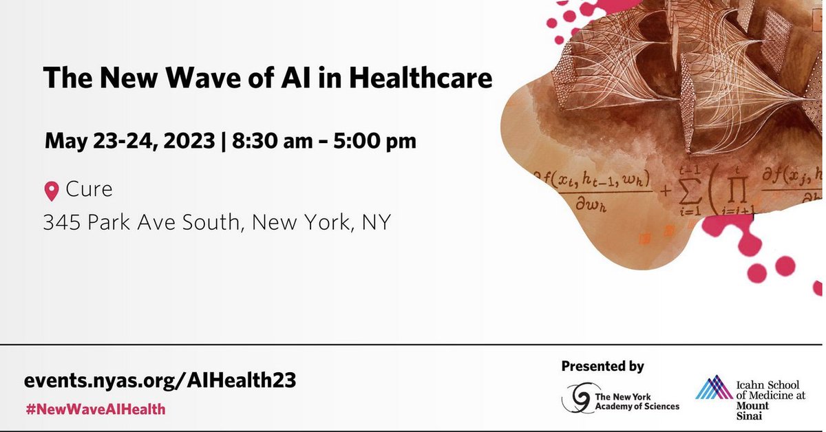 TOMORROW! On May 23 - 24, JOIN the New Wave of AI in Healthcare symposium in-person, in NYC, showcasing the latest advances in AI & data-driven tech for medicine. #NewWaveAIHealth @NYASciences Register now: bit.ly/423J0Ni