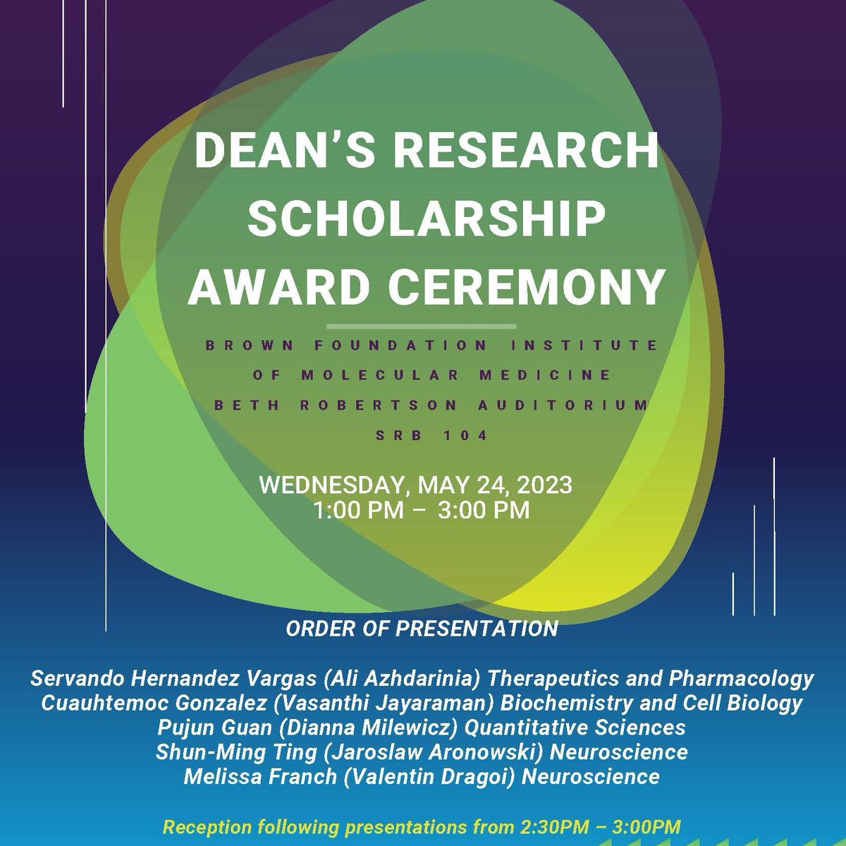 Come support this year's outstanding recipients of the Dean's Research Scholarship Awards as they present their work at the IMM this Wednesday!  🏆🎉🙌