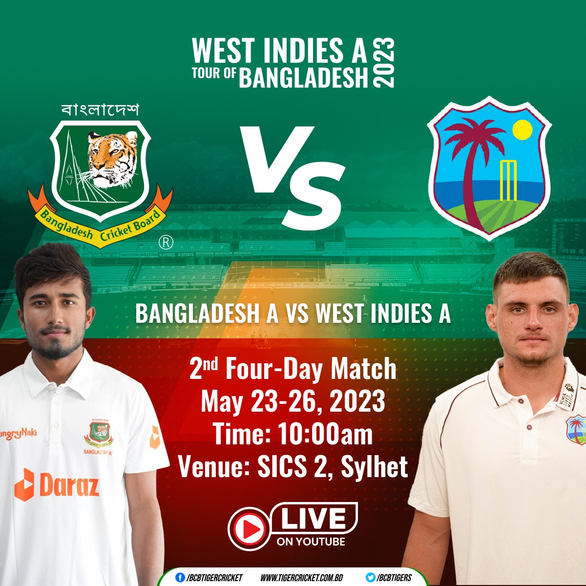 AbdullahNadim2's tweet photo. BCBtigers: West Indies A tour of Bangladesh 2023

Bangladesh A vs West Indies A | 2nd Four-Day Match

For Match Update: https://t.co/Yu9T5rJ6bS

Live on: https://t.co/ZHotjoFZzV

#BCB | #Cricket https://t.co/HYYkYLfeUV