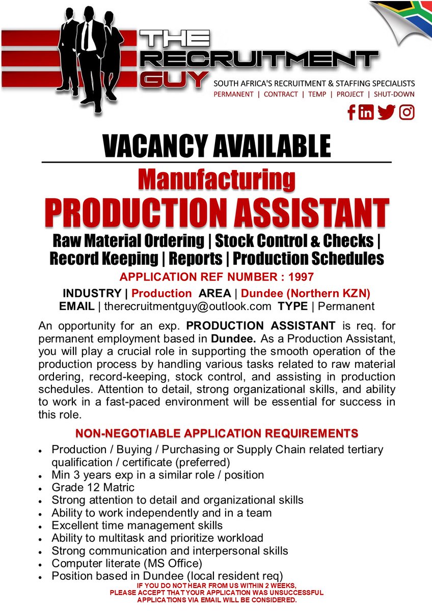 An opportunity for an experienced PRODUCTION ASSISTANT is required for permanent employment based in Dundee.
#TheRecruitmentGuy
#ProductionAssistant
#Production
#Manufacturing
#NorthernKZN
#Glencoe
#Dundee
#RawMaterial
#StockControl
#RecordKeeping
#Reports
#ProductionSchedules