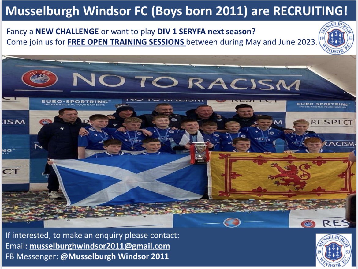 Last 1-2 remaining spots to join Musselburgh Windsor 2011 Div 1 for 2023/24. Get in touch 👇🔵⚽️ @muss_windsor_fc @ESSDAfootball