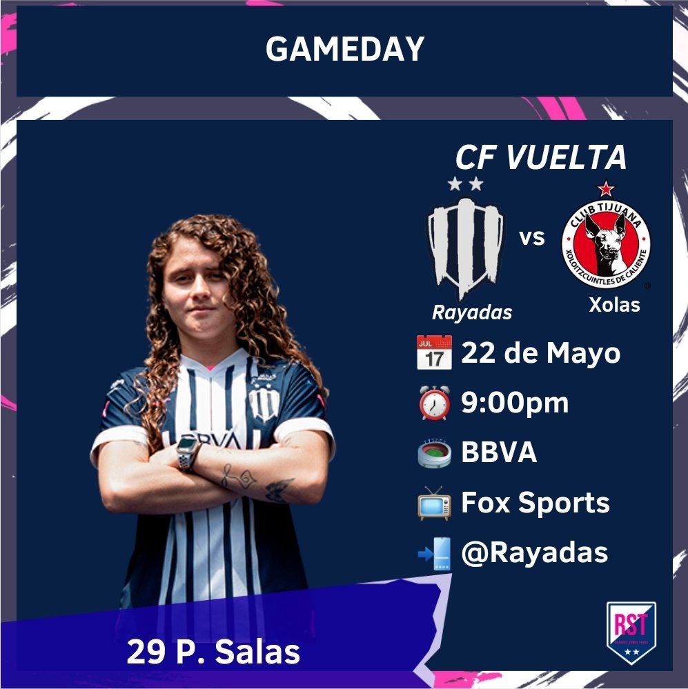 RayadasST's tweet photo. GAMEDAY 📅⚽️
Hoy hay futbol, hoy juegan las Rayadas 🇫🇮

Hoy jugamos la vuelta de esta serie, vamos con #TodoMonterrey 

CUARTOS DE FINAL VUELTA 
#Rayadas vs @XolosFemenil
📅 22 de mayo
⏰ 9:00pm (TC)
🏟 BBVA 
📺 @FOXSportsMX
📲 @Rayadas

#VamosPorMas 🤜🤛 
#ArribaElMonterrey 🇫🇮 https://t.co/QxzXTY6CJC