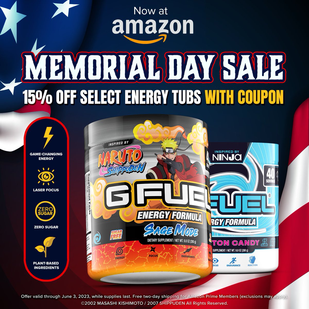 ❤️ 𝗟𝗜𝗞𝗘 + 𝗥𝗧 to win a #GFUEL TUB OF YOUR CHOICE! 2 winners picked later this week in honor of our AMAZON-EXCLUSIVE #MemorialDay SALE! 🇺🇸 

✅ 15% Off Coupon on Select Flavors!
✅ 2 Day Prime Shipping!
✅ Ends June 3rd!

🛒 𝗦𝗛𝗢𝗣: GFUEL.ly/amazon