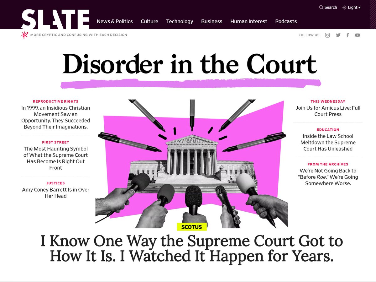 SLATE!! Out with the full cover spread on our broken-beyond-repair Supreme Court. Essential reading. Bravo @Dahlialithwick @mjs_DC @Slate, who are frustratingly uncommon in their ability to pierce through the usual SCOTUS bullshit.