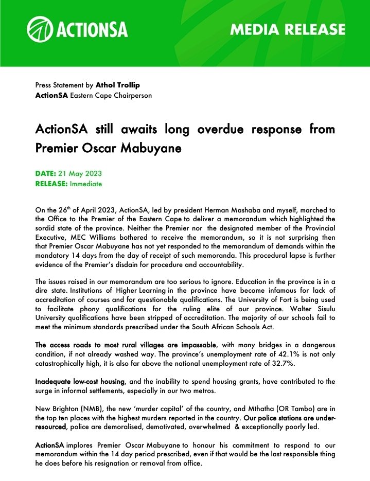 <a href="/Action4SA/">ActionSA</a> still awaits long-overdue response from Premier <a href="/OscarMabuyane/">Premier Lubabalo Oscar Mabuyane</a>. The premier can not hide forever from accountability! #LetsFixEasternCape #LetsFixSouthAfrica <a href="/HermanMashaba/">Herman Mashaba</a> <a href="/AtholT/">Athol Trollip</a>