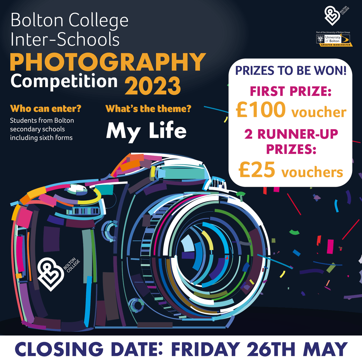 BoltonCollege's tweet photo. 📣 Attention Bolton secondary school and sixth form students! Don't miss out on our exciting #PhotographyCompetition 📷
Hurry up and submit your photograph/s before this Friday's deadline for a chance to win a £100 voucher or two runner-up prizes of £50! Full details below.👇 https://t.co/doYT37EgR8