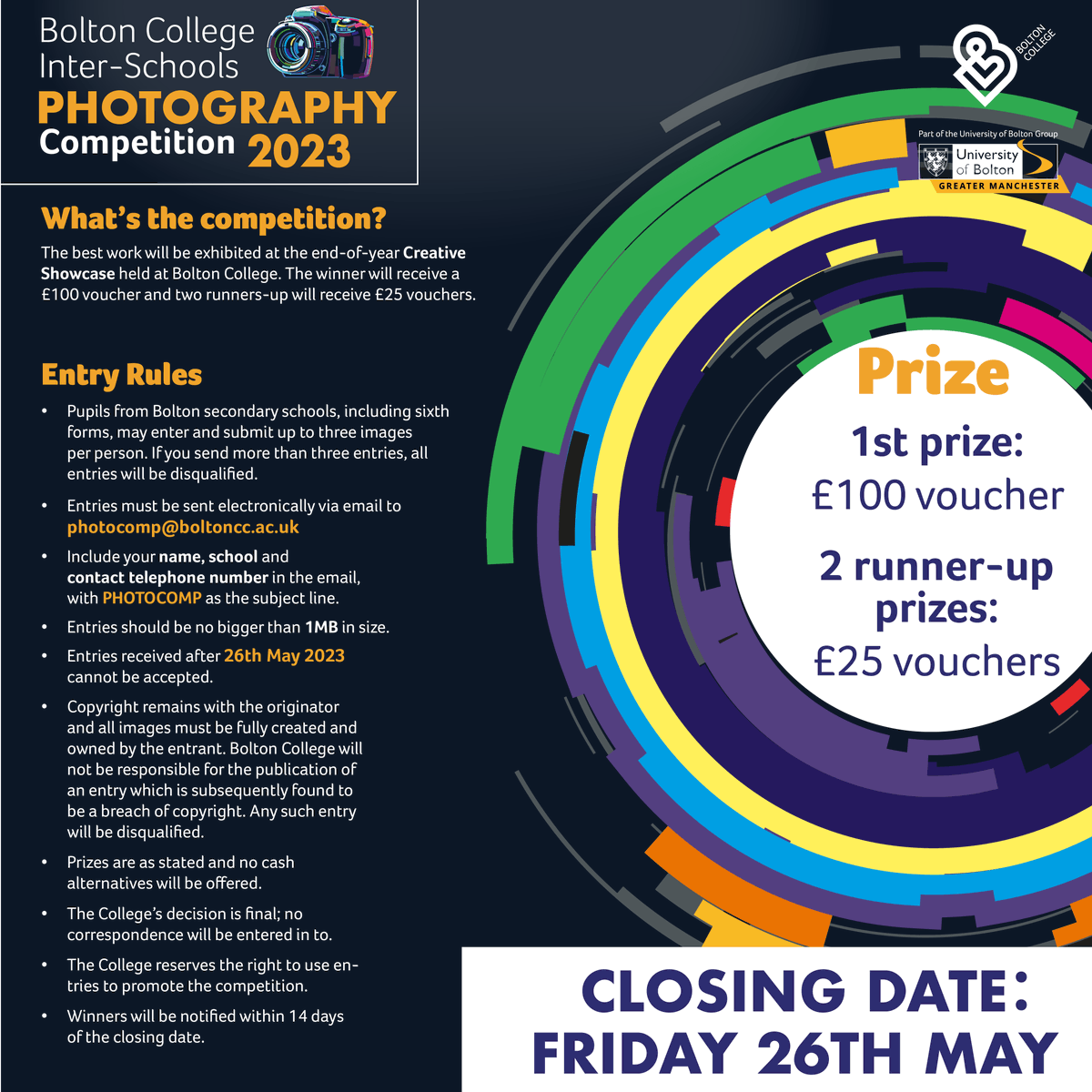 BoltonCollege's tweet photo. 📣 Attention Bolton secondary school and sixth form students! Don't miss out on our exciting #PhotographyCompetition 📷
Hurry up and submit your photograph/s before this Friday's deadline for a chance to win a £100 voucher or two runner-up prizes of £50! Full details below.👇 https://t.co/doYT37EgR8