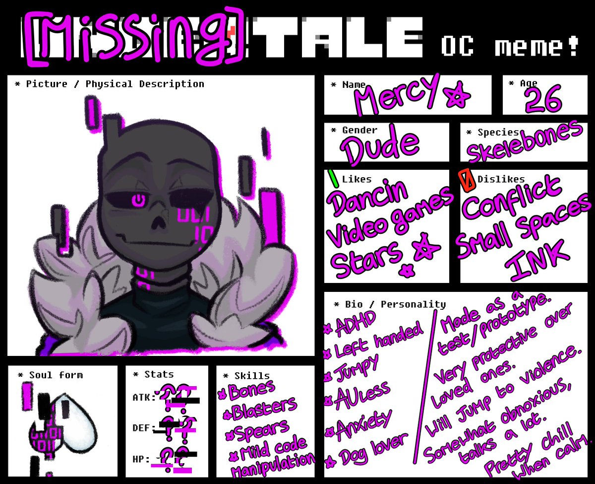 ParadoxicalSage's tweet photo. I realized tall don’t actually know anything about Merc other than what he looks like and his dog so I dug up this old template
Its the bare minimum of info about him but if I gave yall all of it you’d have to read paragraphs of lore
#undertale #undertaleAU #MercySans https://t.co/bTB1JdCr0o