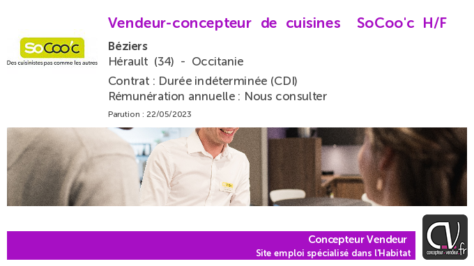 ConcepteurV's tweet photo. Offre d'emploi  Vendeur-concepteur de cuisines  - SoCoo'c - Béziers (34) https://t.co/Y6nGCIXkCG https://t.co/2hzXOKWkWV