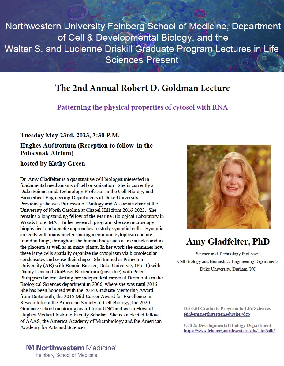 Join us tomorrow, May 23, 2023 3:30 - 4:30pm for The 2nd Annual Robert D. Goldman Lecture, given by  Dr. Amy Gladfelter, PhD, from Duke University. This event is hosted by the Department of Cell &amp; Developmental Biology, and the Driskill Graduate Program Lectures in Life Sciences.