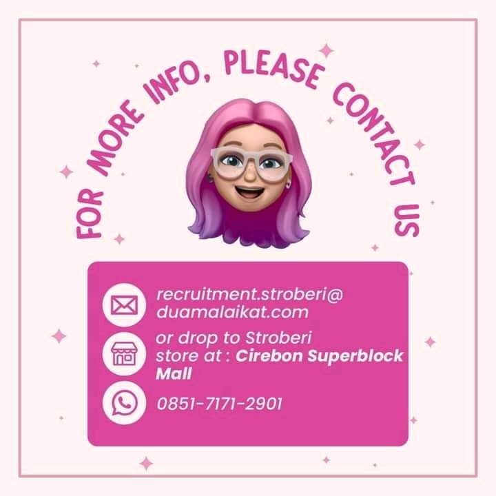 narfnd's tweet photo. Hi yg mau gabung boleh drop cv nya ke store stroberi lantai 1 csb mall / via email recruitment@stroberi.net batas 31 mei 2023 #Lokercirebon #Loker #Lowongankerja #Cirebon #Csbmall #Cirebonsuperblok https://t.co/hhme0adBAO