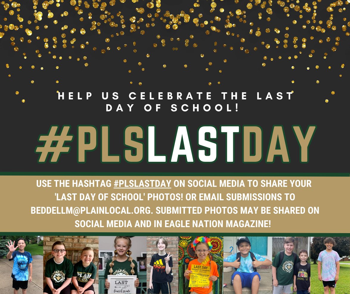 Plain Local Schools (@plainlocal) on Twitter photo It is the ✨LAST✨ Monday of the 22-23 School Year!
We want to see your last-day pics this week! Don't forget to tag your photos #PLSLastDay OR email Beddellm@plainlocal.org with your pics! Have a great ✨LAST✨ week! Go, Eagles, finish strong! It is the ✨LAST✨ Monday of the 22-23 School Year!
We want to see your last-day pics this week! Don't forget to tag your photos #PLSLastDay OR email Beddellm@plainlocal.org with your pics! Have a great ✨LAST✨ week! Go, Eagles, finish strong!