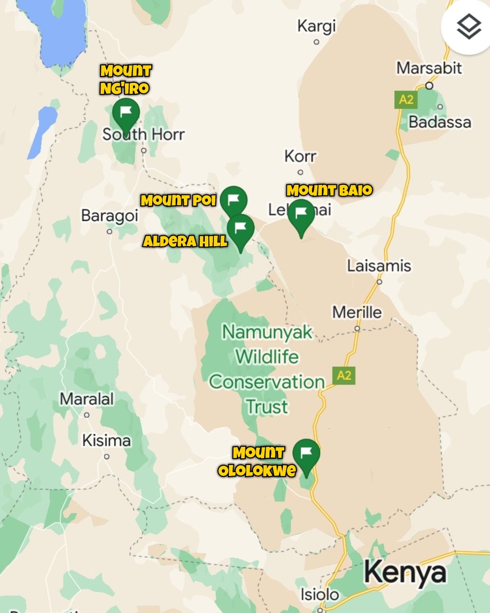 HIKES IN NORTHERN KENYA.

• Mount Ng'iro (Kosikosi Peak): 23KM trail, 1,980m elevation gain.
Guide fee KES 4,000.

• Mount Poi: 18KM trail, 1,200m elevation gain.
Guide fee KES 4,000, community fees KES 1,500 pp.

• Mount Baio: 18KM trail, 1,150m elevation gain.
Guide fee KES