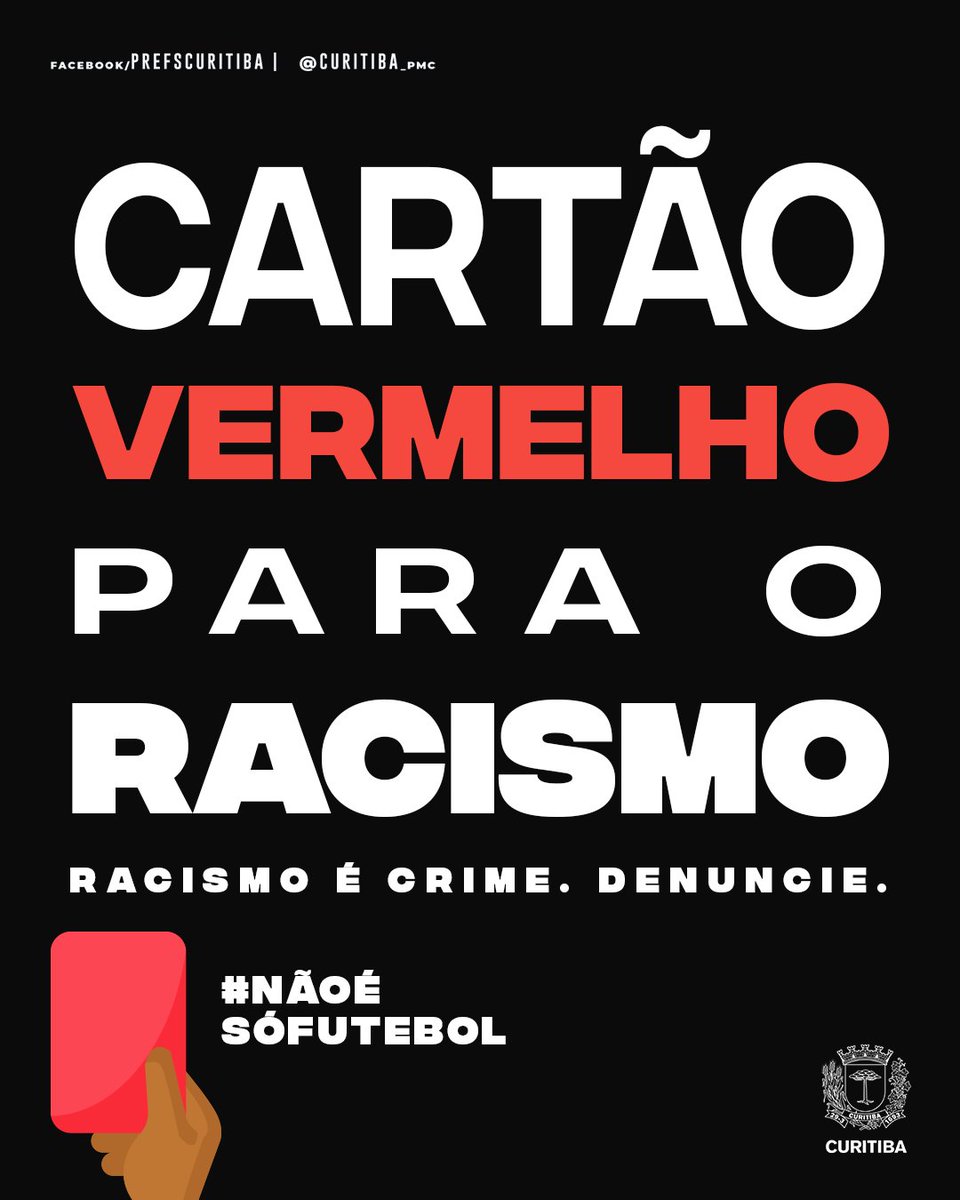curitiba_pmc's tweet photo. Cartão vermelho para o racismo ❌

Racismo não é mimimi e não deve ser tolerado, nem no futebol, nem em qualquer lugar. 

#Nãoésófutebol

➡️  Denuncie: 
Disque Direitos Humanos: 100
Polícia Militar: 190
Polícia Civil: 197
Central 156 https://t.co/lvhhMOBNB1