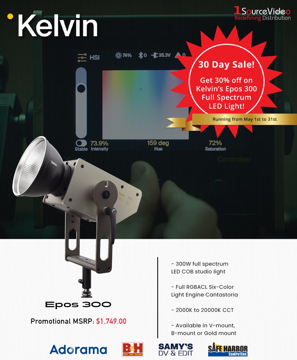 Sale ending soon! Act fast!

Kelvin's Epos 300 is a 300W full spectrum LED COB studio light that's made to withstand life on set!

#Kelvin #1SourceVideo #Epos300 #light #lighting #LEDlighting #fullspectrumLED #Cantastoria #scandinaviandesign #madeinnorway #RedefiningDistribution