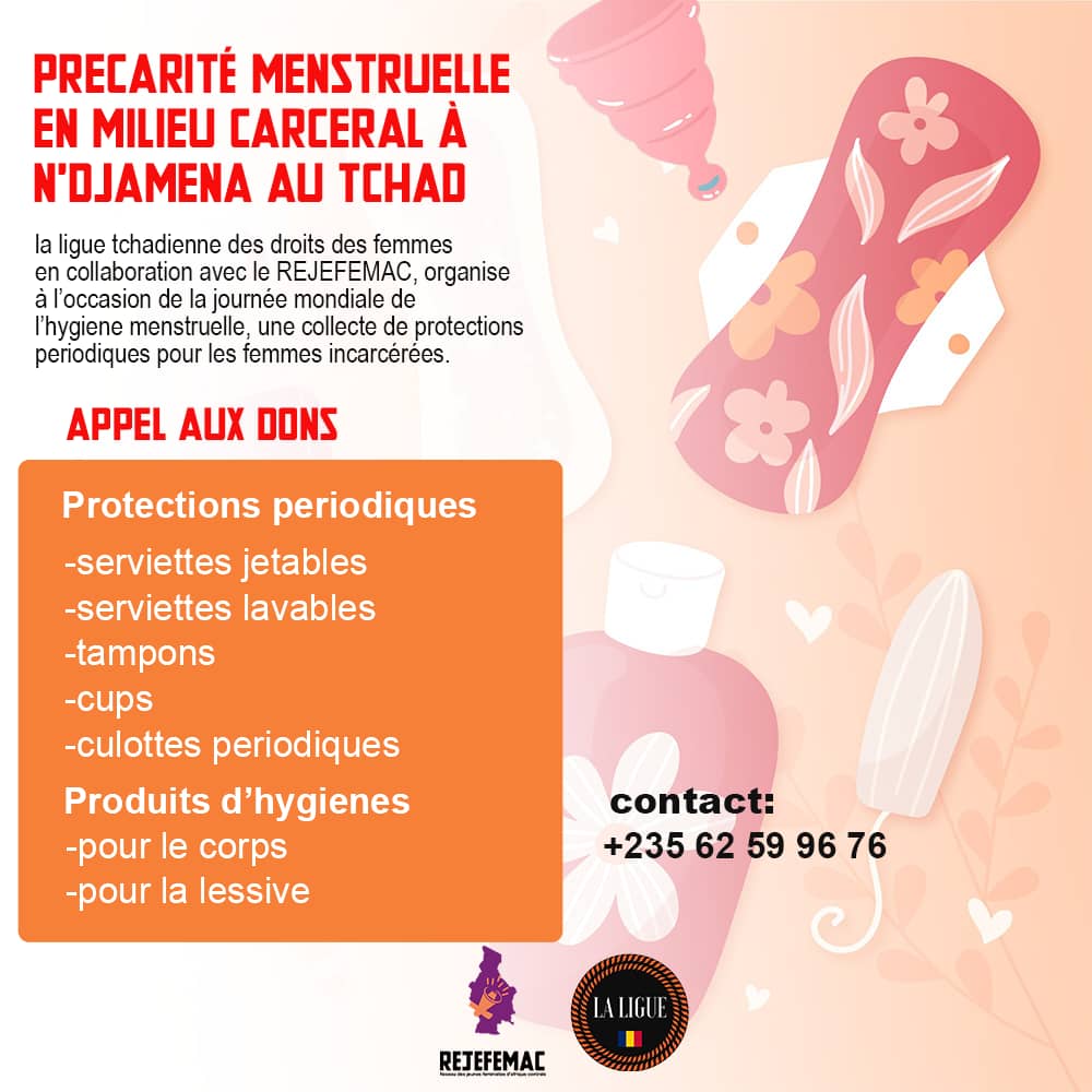 La @ligue235 en collaboration avec le @rejefemac, organise une collecte de produits périodiques et d'autres produits d'hygiènes qui seront distribués aux femmes détenues dans trois prison du Tchad à l'occasion de la journée de l'hygiène menstruelle. #ellesagissentensemble #Tchad