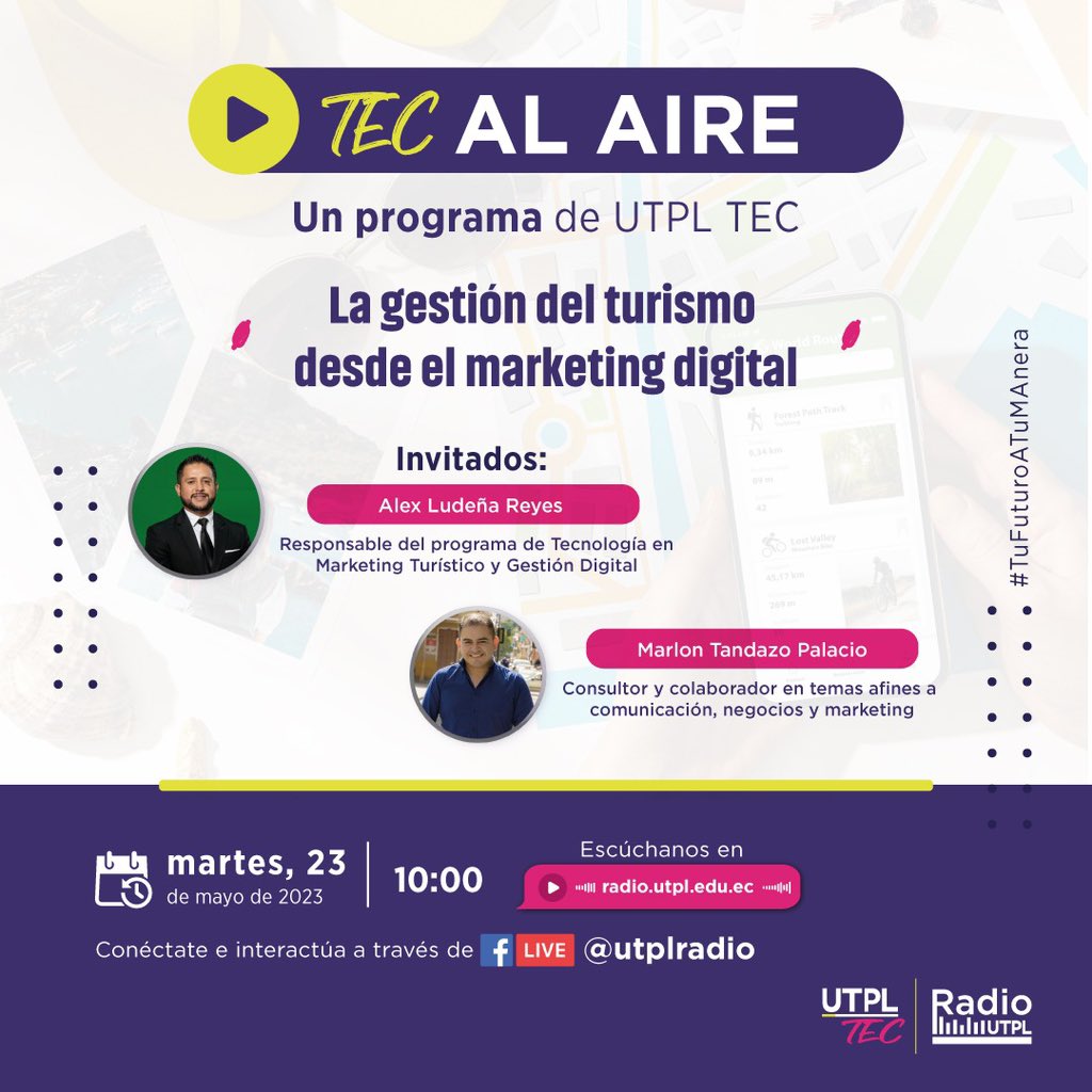 Este 23 de mayo descubre cómo lograr una experiencia antes y durante el viaje, mejorando la presentación de los destinos turísticos a través del marketing digital 🌎📲.
🎧 Escúchanos a las 10:00 por radio.upl.edu.ec
#TecAlAire #Utpl #UtplTec #RadioUtpl #TurismoDigital