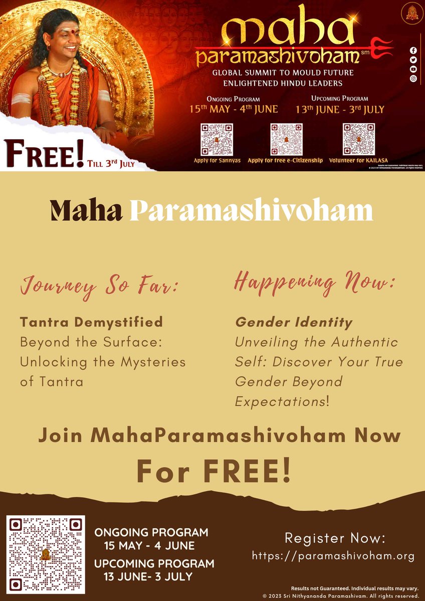 Journey So Far: Tantra Demystified
Beyond the Surface: Unlocking the Mysteries of Tantra
Happening Now: Gender Identity

Unveiling the Authentic Self: Discover Your True Gender Beyond Expectations!

Join MahaParamashivoham NOW! for FREE

#nithyananda #KAILASA #Mahaparamashivoham