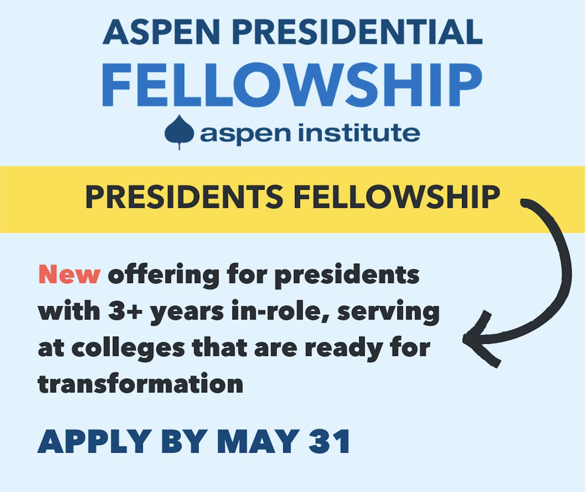 📣 Applications for cohort 1 of our Presidents Fellowship are due in just 5 DAYS! Don't miss out on the opportunity to join a cohort of 300+ field leaders and learn about how to build capacity at your institution.

Apply by May 31: highered.aspeninstitute.org/presidentialfe…