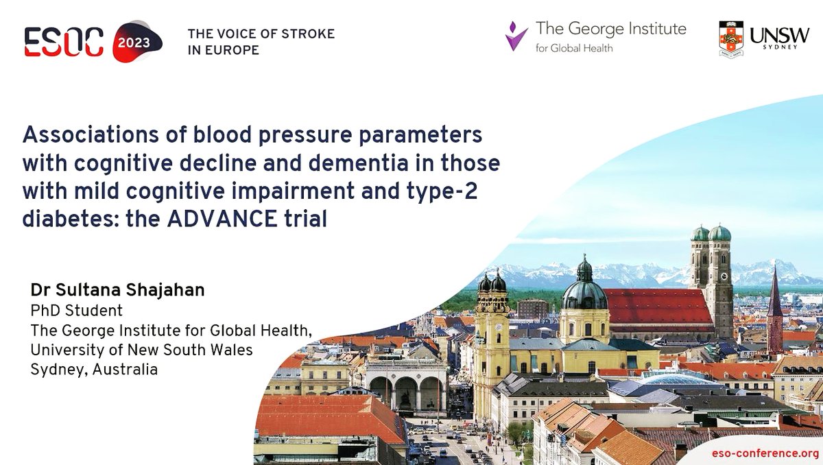 I'm excited to say I'll be presenting my PhD research at the European Stroke Organisation Conference (ESOC) 2023 this year! 

Thank you to Prof Craig Anderson for facilitating my trip and thanks to all of my supervisors, Prof Mark Woodward and Drs Cheryl and Katie! #ESC2023