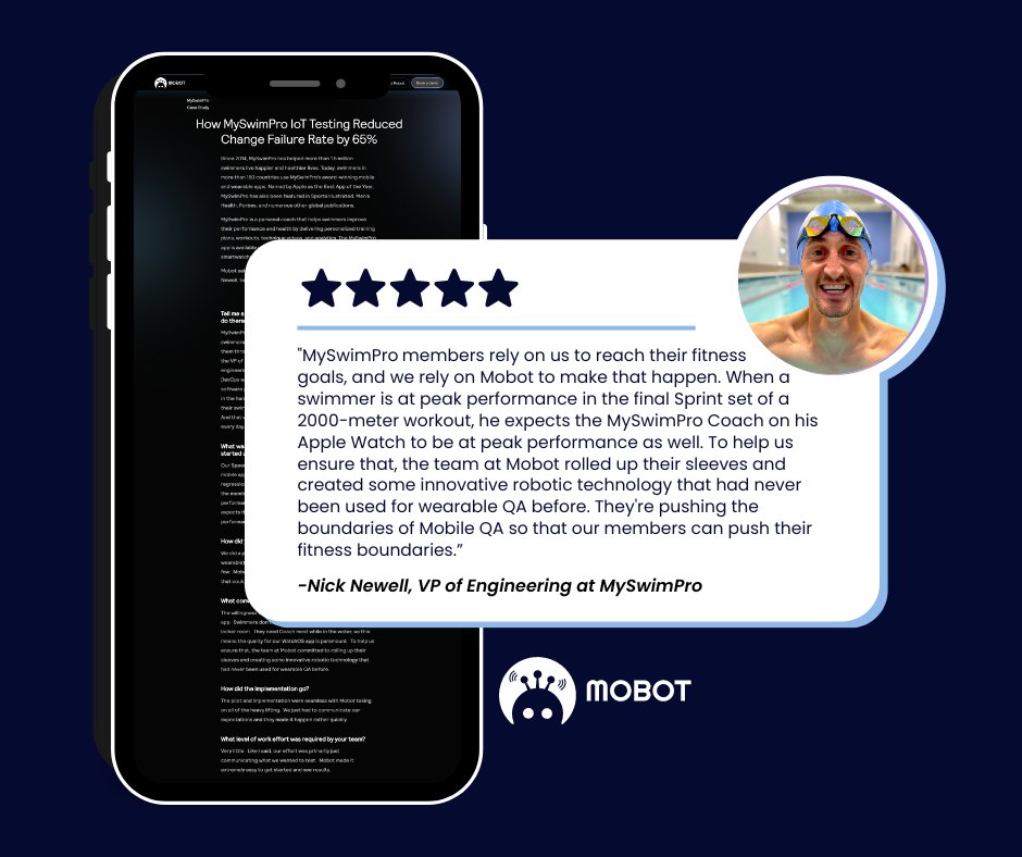 🎉 Exciting news: Mobot helped <a href="/MySwimPro/">MySwimPro</a> reduce its change failure rate by 65%!

How did we make that happen? This case study spills the details ➡️ mobot.io/case-studies/m…

P.S. Keep an eye out for an upcoming episode of How It's Tested with Nick and <a href="/adoxner/">Adam Oxner</a>! 👀