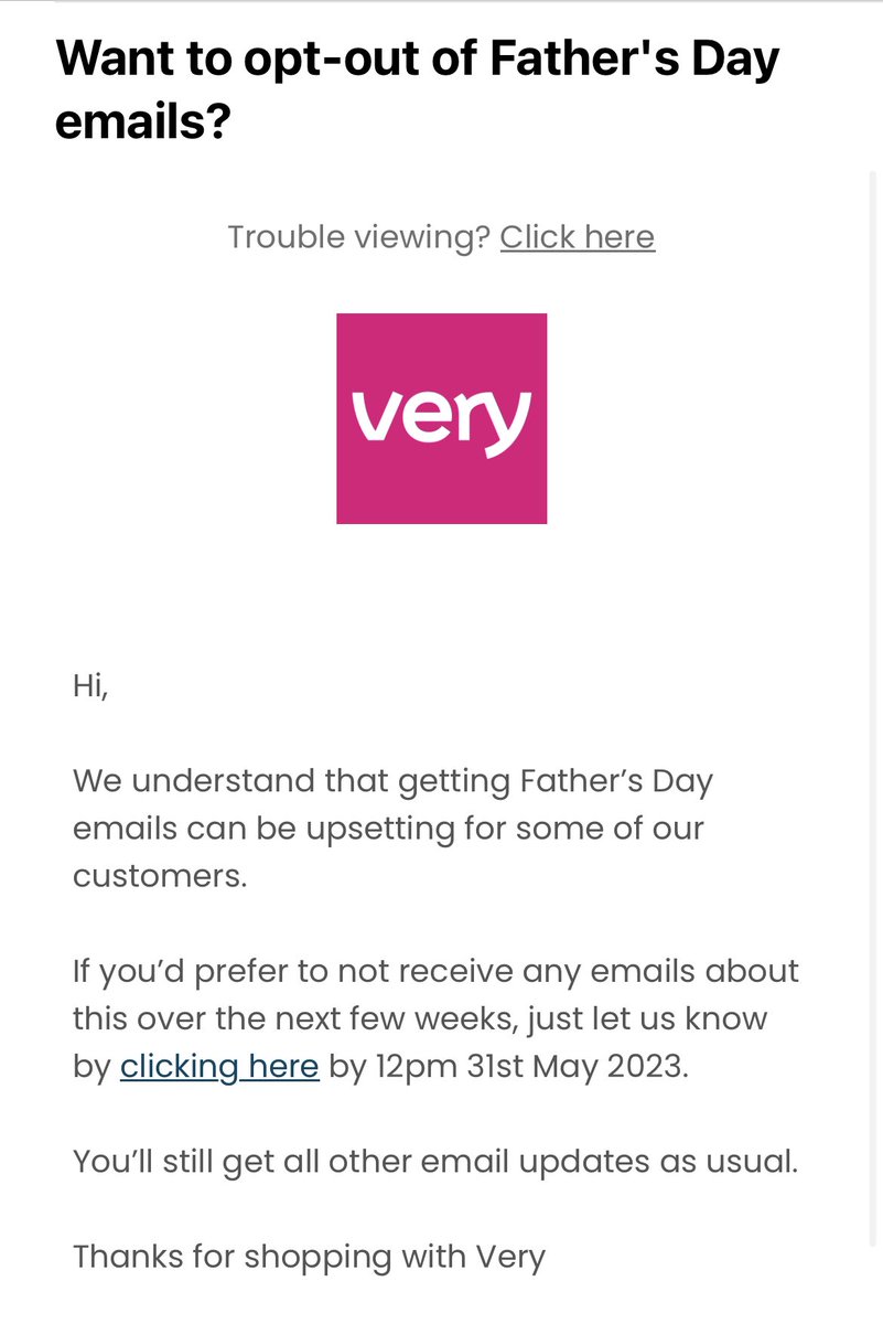Absolutely love this email from <a href="/verynetwork/">Very</a>. Having lost my own dad a few years ago, I know it can be tough to look at the inbox on this day every year and, for many, just a little too tough. This is is putting your customer before the numbers.